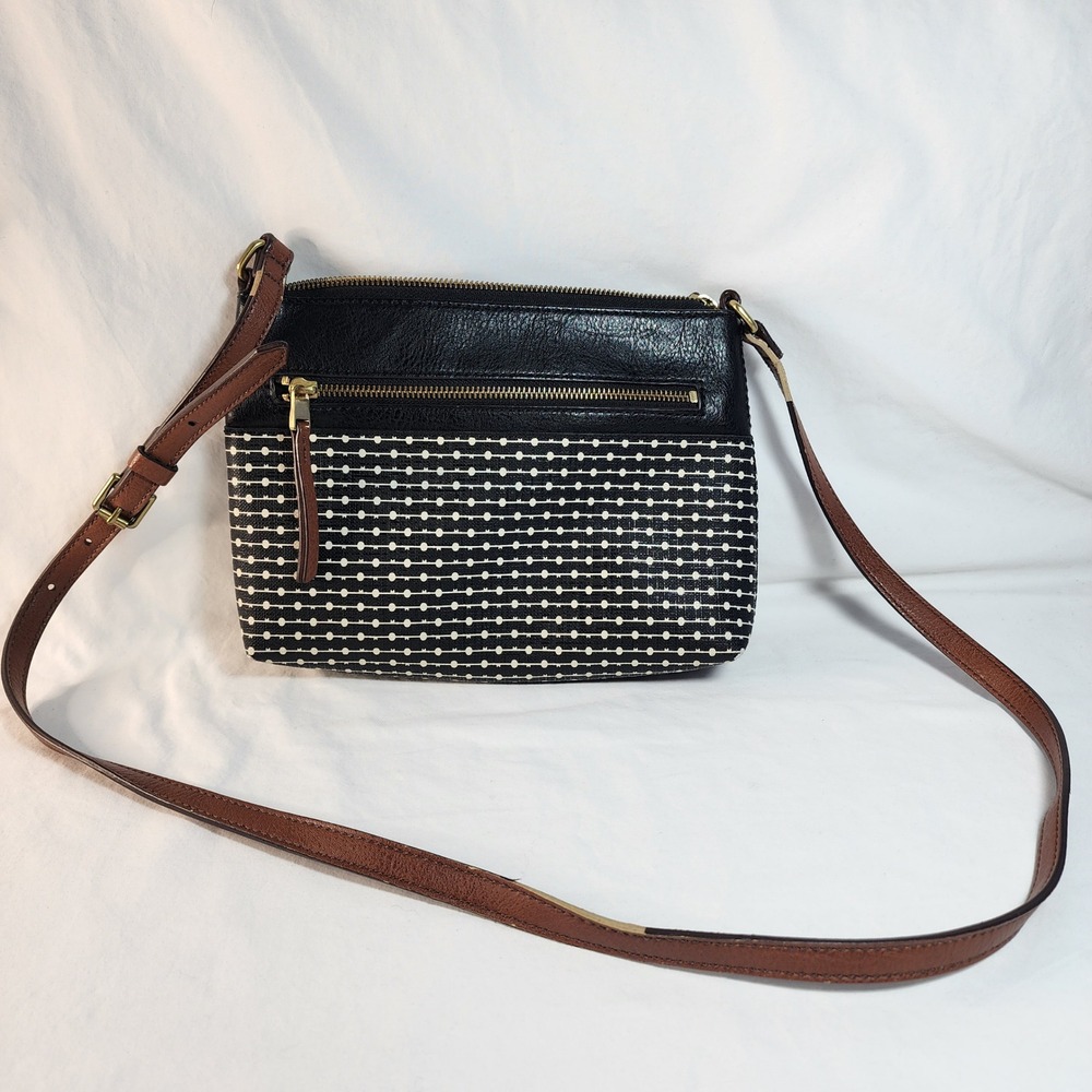 Fossil Fiona Leather Canvas Crossbody Bag Black Brown Zip Top Adjustable Strap - Picture 1 of 14